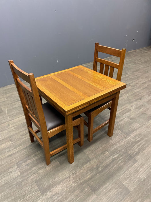 Mission Oak Kitchen Table with 2 Leaves and 4 Oak Dining Chairs - Dark Brown
