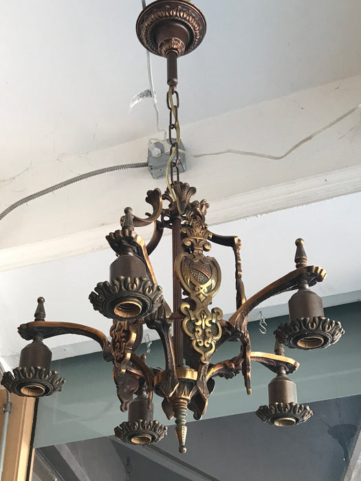 Antique 1920's Cast Bronze Arts and Crafts / Mission Style Chandelier - Crafters and Weavers