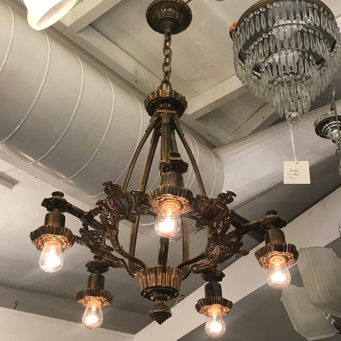 Antique Cast Bronze 1920's Arts and Crafts / Tudor Style Chandelier - Crafters and Weavers