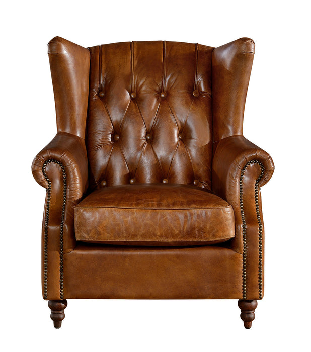 SOLD OUT Tufted English Rolled Arm Wing Chair - Light Brown Leather - Crafters and Weavers