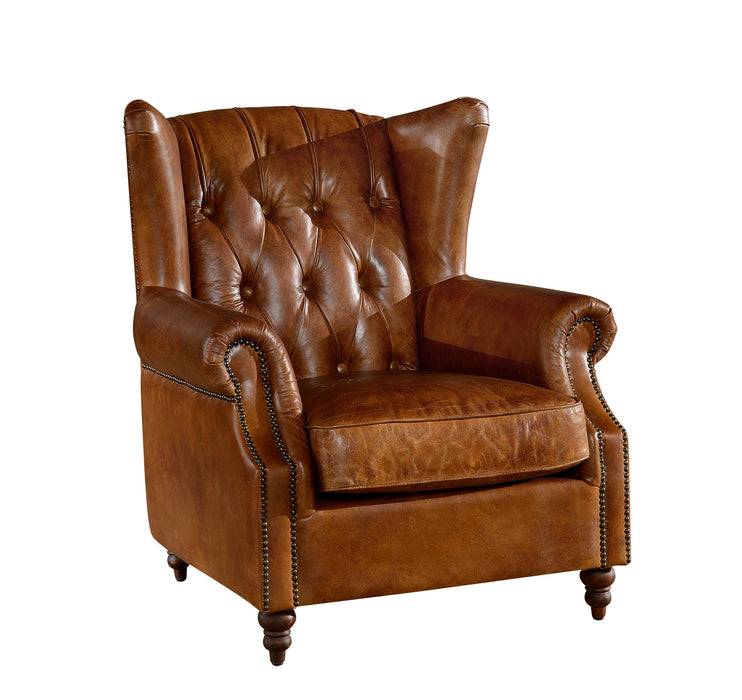 SOLD OUT Tufted English Rolled Arm Wing Chair - Light Brown Leather - Crafters and Weavers