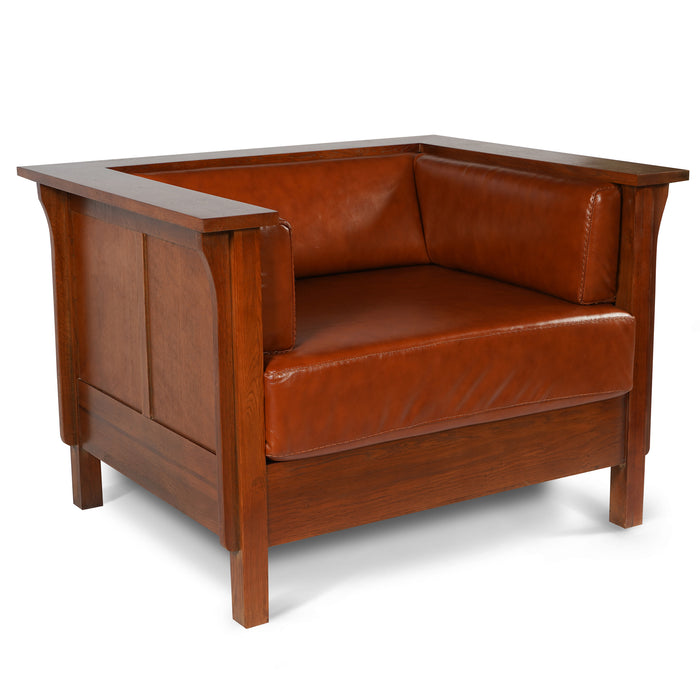 Arts and Crafts / Craftsman Cubic Panel Side Arm Chair - Russet Brown Leather (RB2) - Crafters and Weavers