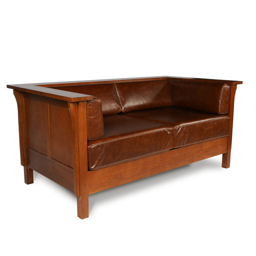 Arts and Crafts / Craftsman Cubic Panel Side Love Seat - Chestnut Brown Leather - Crafters and Weavers