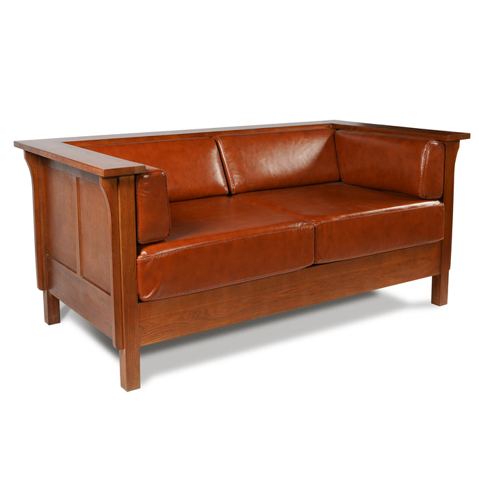 Arts and Crafts / Craftsman Cubic Panel Side Love Seat - Russet Brown Leather (RB2) - Crafters and Weavers