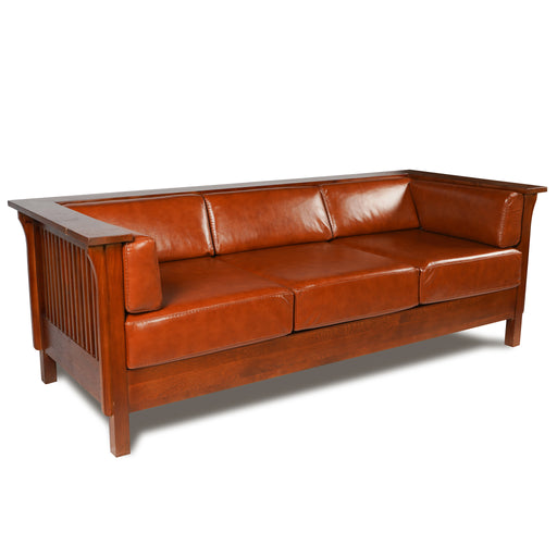 Arts and Crafts / Craftsman Cubic Slat Side Sofa - Russet Brown Leather (RB2) - Crafters and Weavers