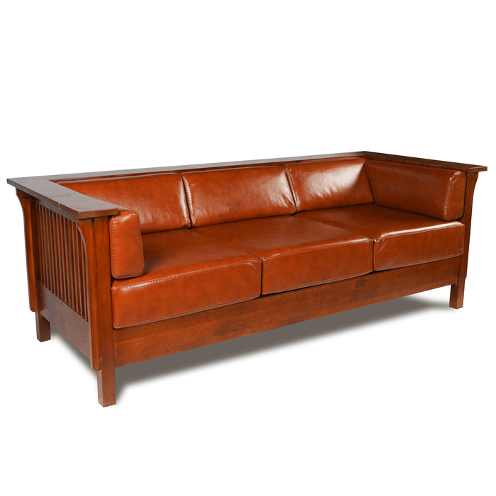 Arts and Crafts / Craftsman Cubic Slat Side Sofa - Russet Brown Leather (RB2) - Crafters and Weavers