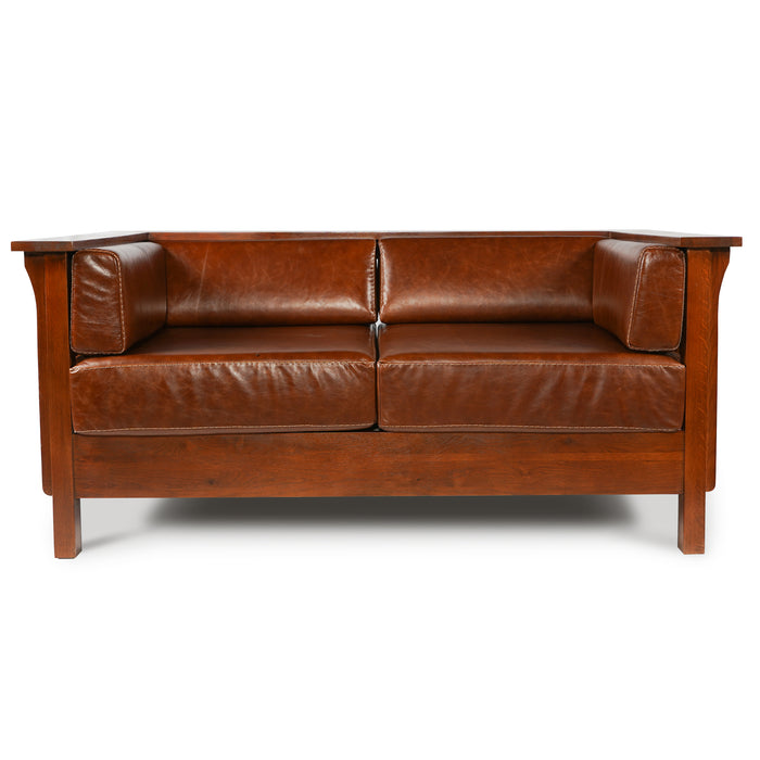 Arts and Crafts / Craftsman Cubic Slat Side Love Seat - Chestnut Brown Leather - Crafters and Weavers