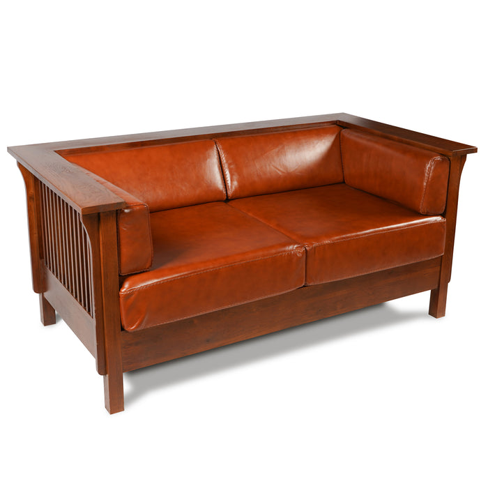 Arts and Crafts / Craftsman Cubic Slat Side Love Seat - Russet Brown Leather (RB2) - Crafters and Weavers
