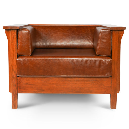 Arts and Crafts / Craftsman Cubic Slat Side Arm Chair - Chestnut Brown Leather - Crafters and Weavers
