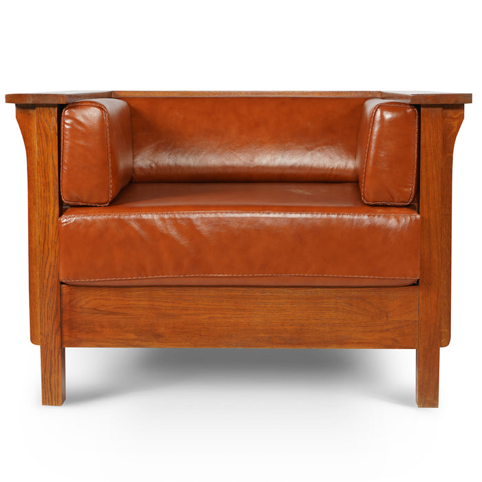 Arts and Crafts / Craftsman Cubic Slat Side Arm Chair - Russet Brown Leather (RB2) - Crafters and Weavers