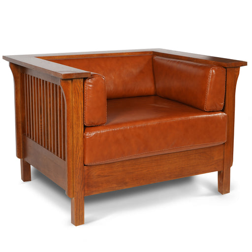 Arts and Crafts / Craftsman Cubic Slat Side Arm Chair - Russet Brown Leather (RB2) - Crafters and Weavers