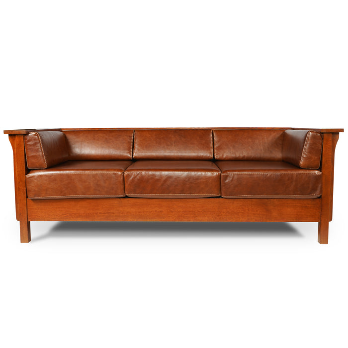 Arts and Crafts / Craftsman Cubic Panel Side Sofa - Chestnut Brown Leather - Crafters and Weavers
