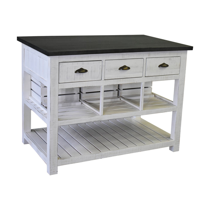 Barlow Crate Kitchen Island with Zinc Top - Distressed White - Crafters and Weavers