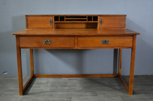 Mission Style Oak Library Table with Hutch - Crafters and Weavers