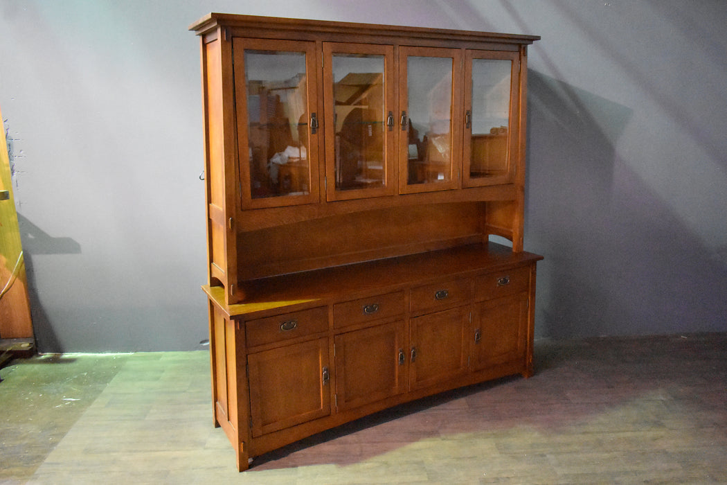 Mission 4 Door 4 Drawer Oak Sideboard with Lighted Hutch - Crafters and Weavers