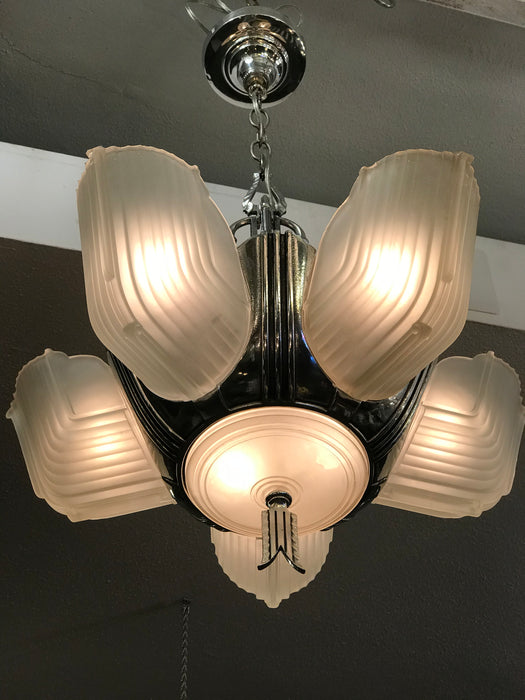 Vintage Art Deco 1930's Streamline "Ambassador" 7 Light Slip Shade Chandelier - Crafters and Weavers