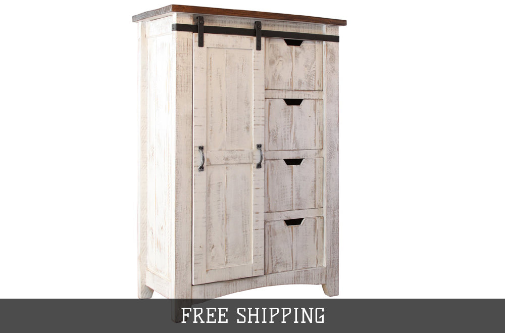 Greenview Barn Door Dresser with 4 drawers And 4 shelves- Distressed White Greenview Barn Door Dresser with 4 drawers And 4 shelves- Distressed White