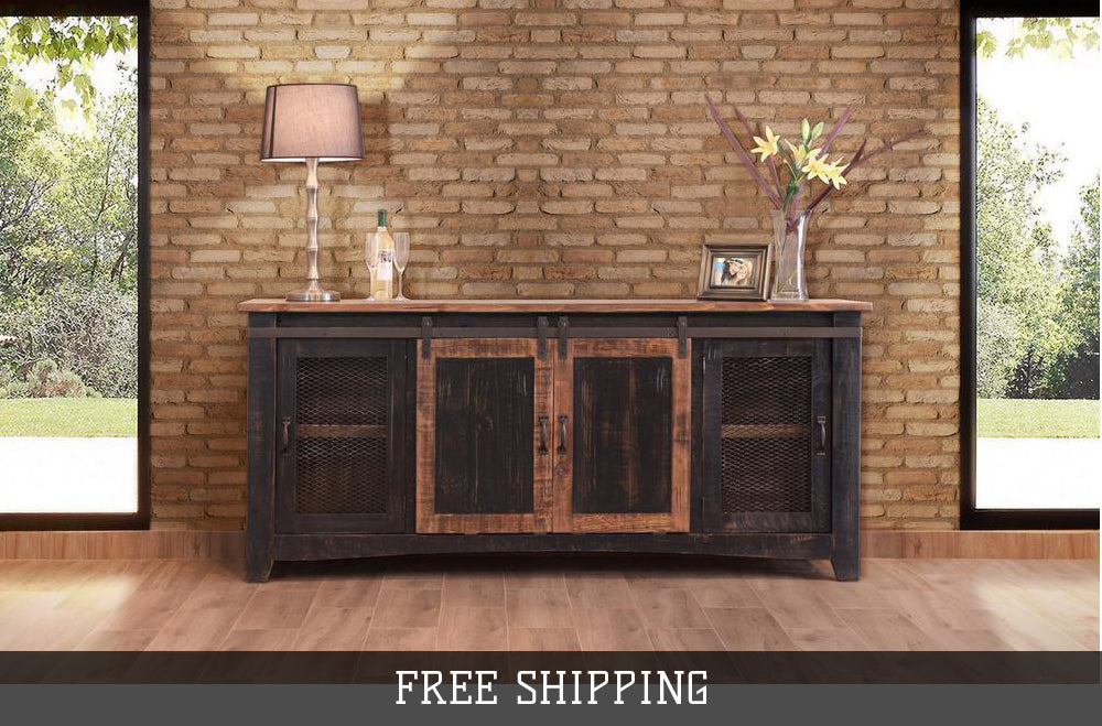 Greenview Sliding Door Distressed Black TV Stand - 80 inch - Crafters and Weavers