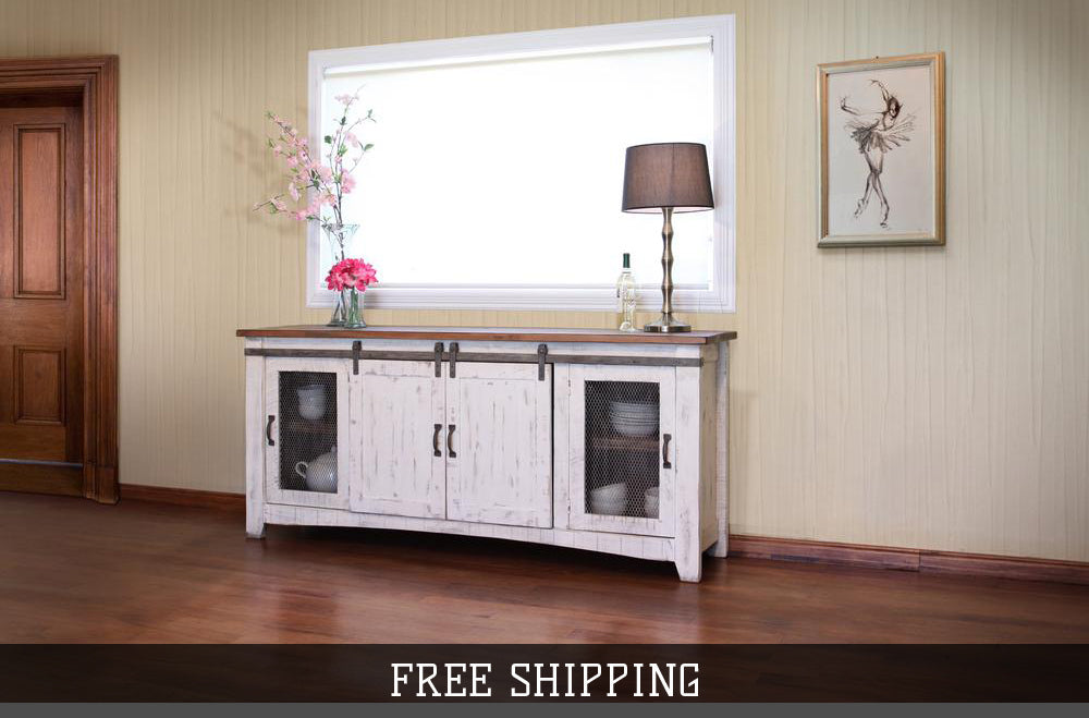 Greenview Sliding Door Distressed White TV Stand - 80" - Crafters and Weavers
