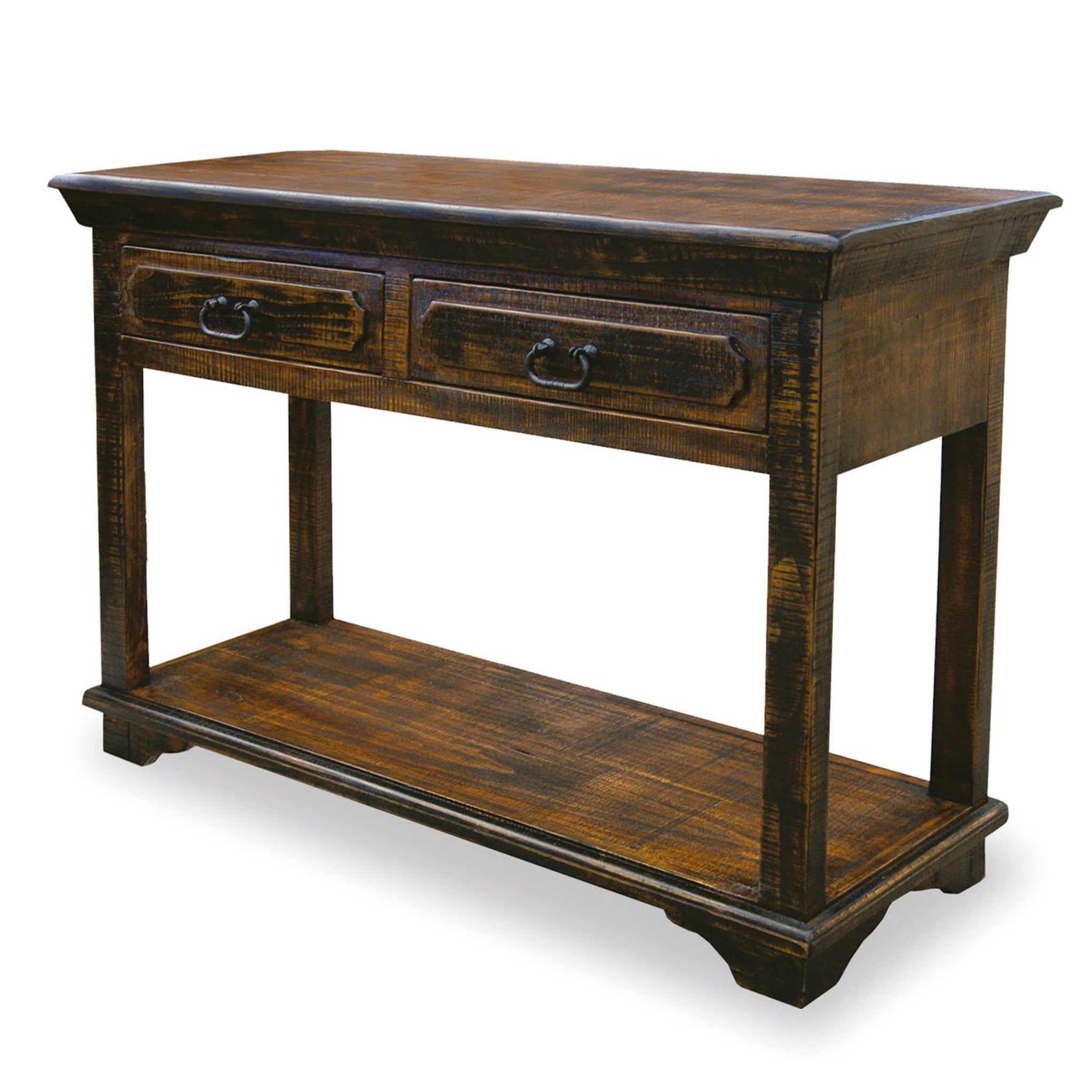 Rustic Brown Distressed Solid Pine Wood 2 Drawer Console Table ...