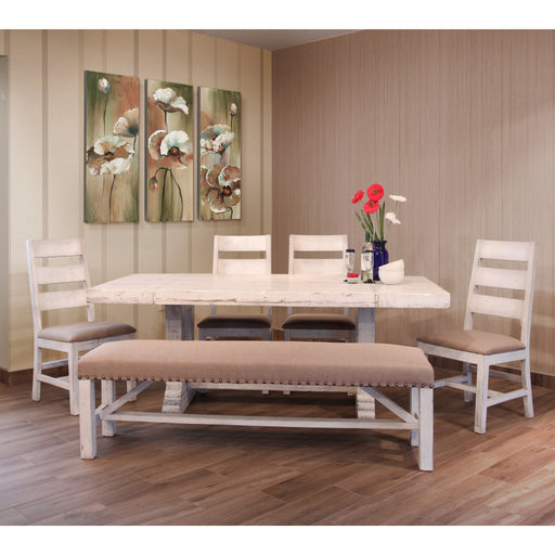 Greenview Double Pedestal Dining Set - 79" Table with 4 Chairs and Bench - Crafters and Weavers