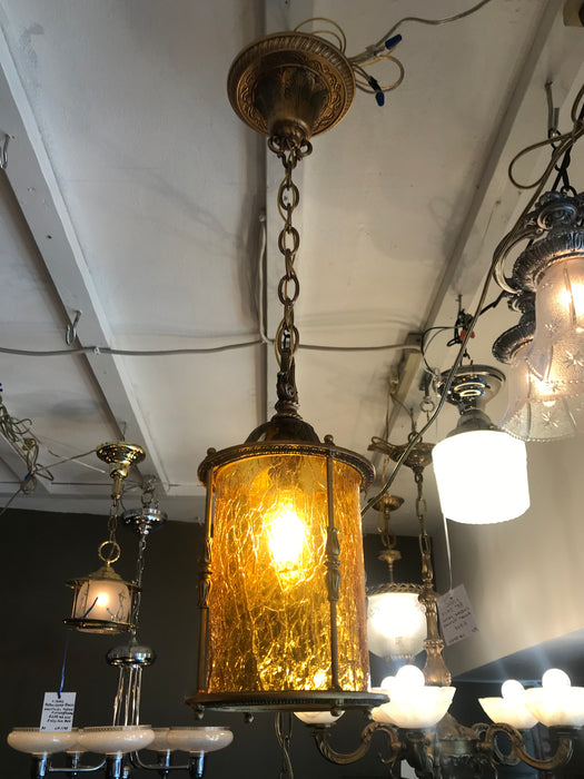 ANTIQUE WILLIAMSON 1920's AMBER CRACKLE GLASS CAST BRASS LANTERN - Crafters and Weavers