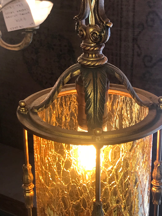 ANTIQUE WILLIAMSON 1920's AMBER CRACKLE GLASS CAST BRASS LANTERN - Crafters and Weavers