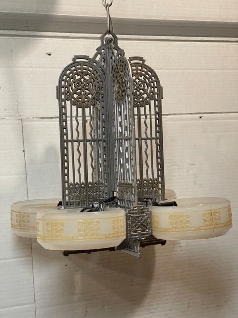 ART DECO 1930's 4 LIGHT SLIP SHADE CHANDELIER
