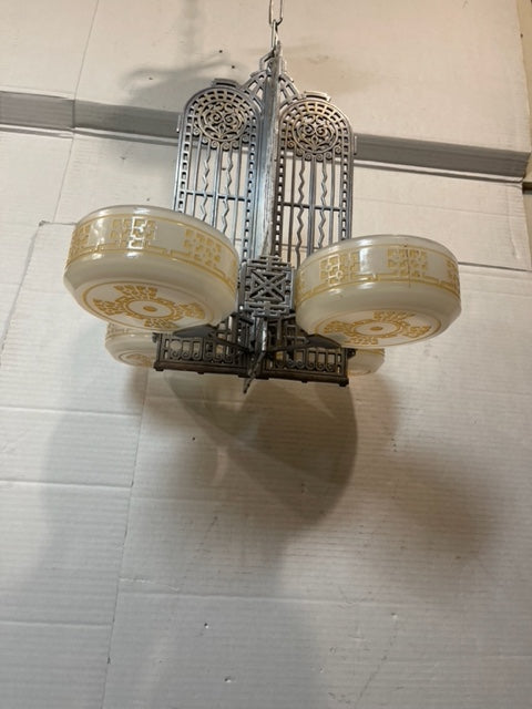 ART DECO 1930's 4 LIGHT SLIP SHADE CHANDELIER