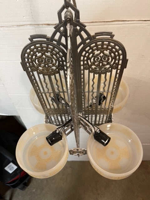 ART DECO 1930's 4 LIGHT SLIP SHADE CHANDELIER