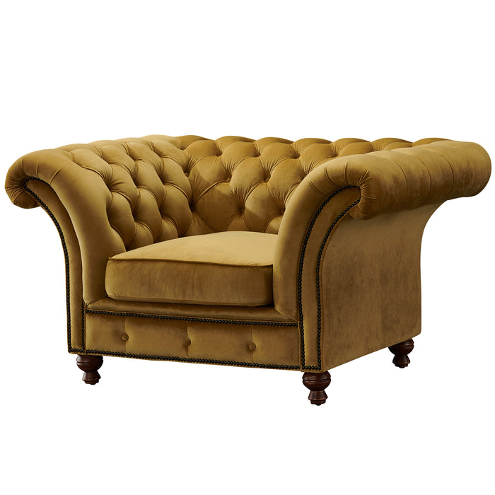 Peyton Sloped Arm Chesterfield Arm Chair - Yellow Velvet - Crafters and Weavers