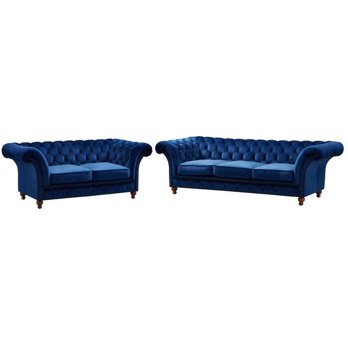 Peyton Sloped Arm Chesterfield Love Seat - Blue Velvet - Crafters and Weavers