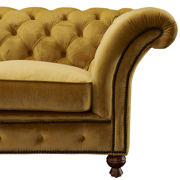 Peyton Sloped Arm Chesterfield Love Seat - Yellow Velvet - Crafters and Weavers