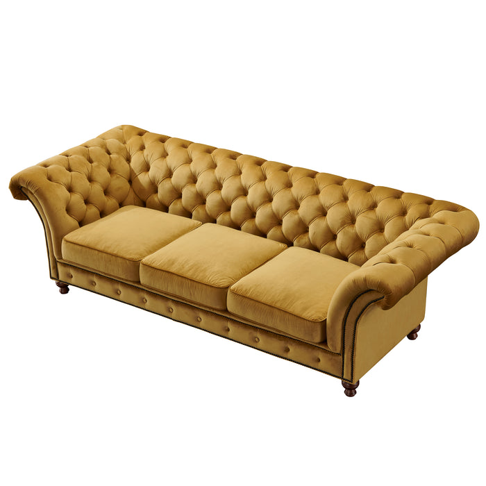 PREORDER Peyton Sloped Arm Chesterfield Sofa - Yellow Velvet - Crafters and Weavers