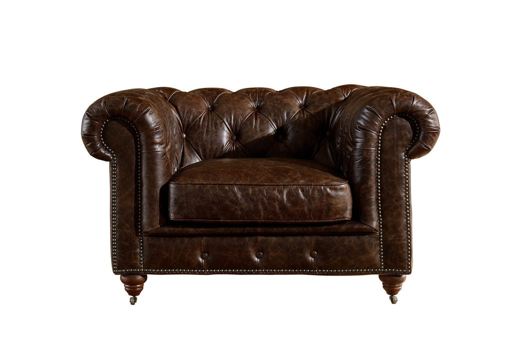 Century Chesterfield Arm Chair - Dark Brown Leather - Crafters and Weavers