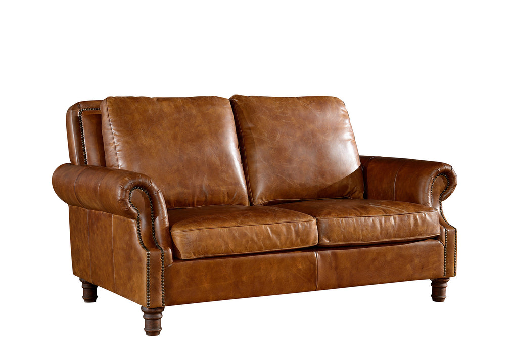English Rolled Arm Love Seat - Light Brown Leather - Crafters and Weavers