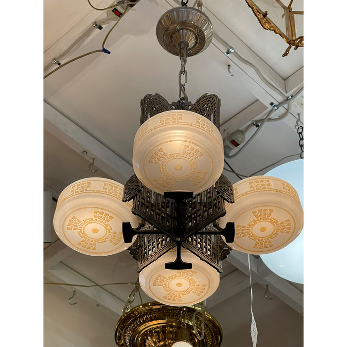 ART DECO 1930's 4 LIGHT SLIP SHADE CHANDELIER