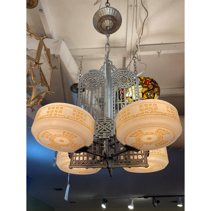 ART DECO 1930's 4 LIGHT SLIP SHADE CHANDELIER