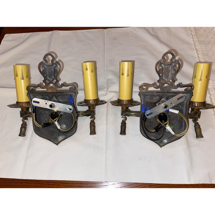 ANTIQUE TUDOR / ARTS & CRAFTS CAST BRONZE 1920's SCONCES