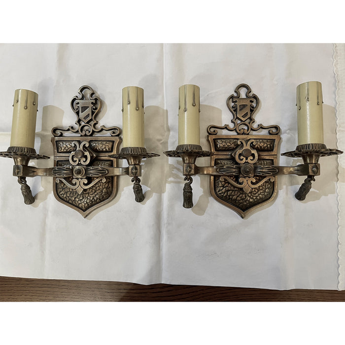 ANTIQUE TUDOR / ARTS & CRAFTS CAST BRONZE 1920's SCONCES