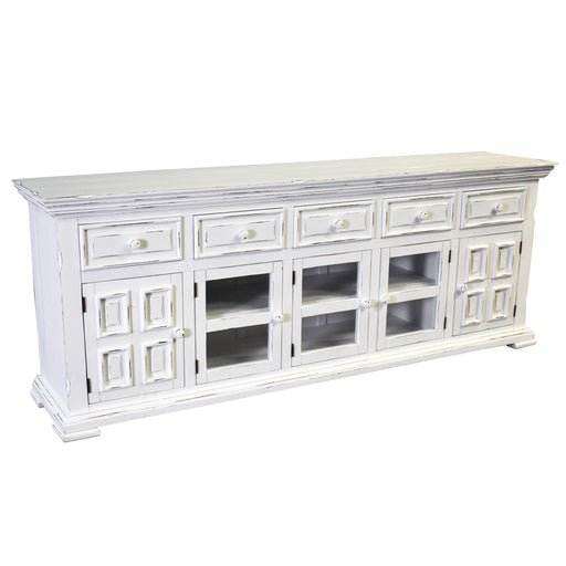 PREORDER Keystone 83" TV Stand - Distressed White - Crafters and Weavers