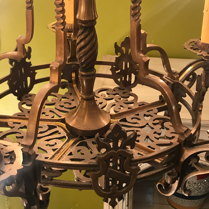 Antique Cast Bronze 1920's Arts and Crafts / Mission Style Chandelier - Crafters and Weavers