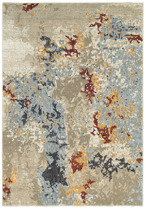Fusion Contemporary Rug - Tan / Burnt Orange & Yellow / Denim Blue / Gray Blue